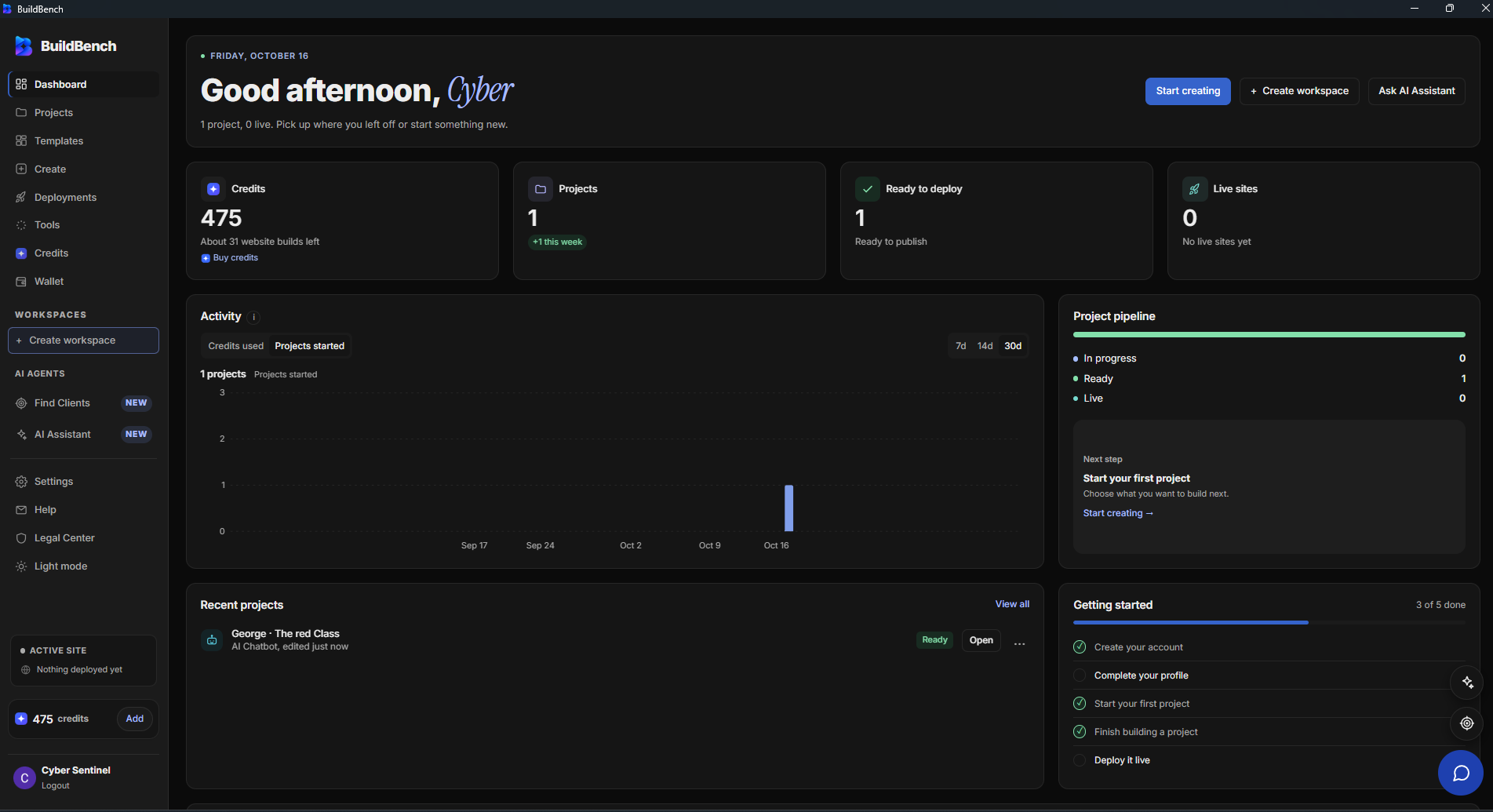 BuildBench desktop app dashboard in dark mode, showing projects, credits, activity, and workspace navigation.